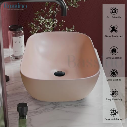 Premium Ceramic Table Top Wash Basin, Peach Pink Finish (18 × 13 × 6 In) BTT-748