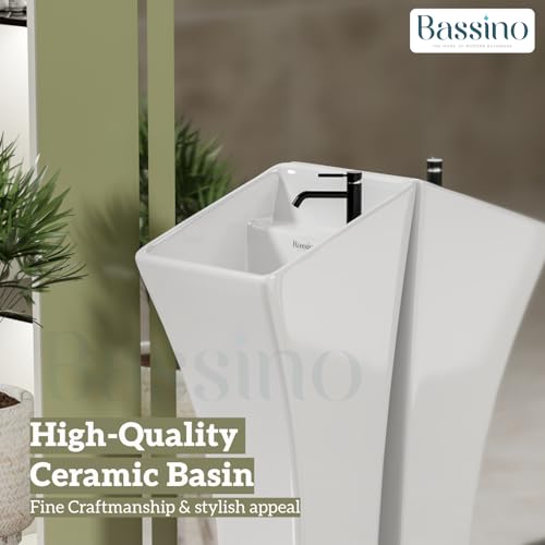 BASSINO Ceramic Pedestal Free Standing Wash Basin For Living Room and Bathroom,Home & Office Basin (300X320X895 MM, White-Glossy) BPB-754