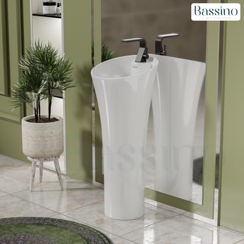 BASSINO Ceramic Pedestal Free Standing Wash Basin For Living Room and Bathroom,Home & Office Basin (380X380X850 MM, White-Glossy) BPB-753
