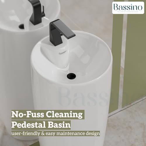 BASSINO Ceramic Pedestal Free Standing Wash Basin For Living Room and Bathroom,Home & Office Basin (380X380X845 MM, White-Glossy) BPB-751