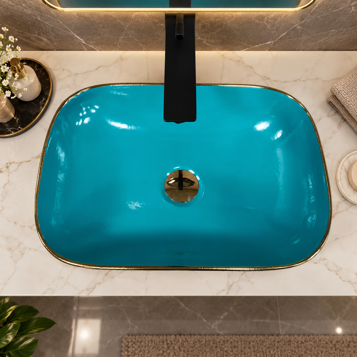 455x325x140 mm turquoise blue ceramic table top wash basin with glossy finish, gold geometric pattern and decorative rim for modern luxury bathrooms.