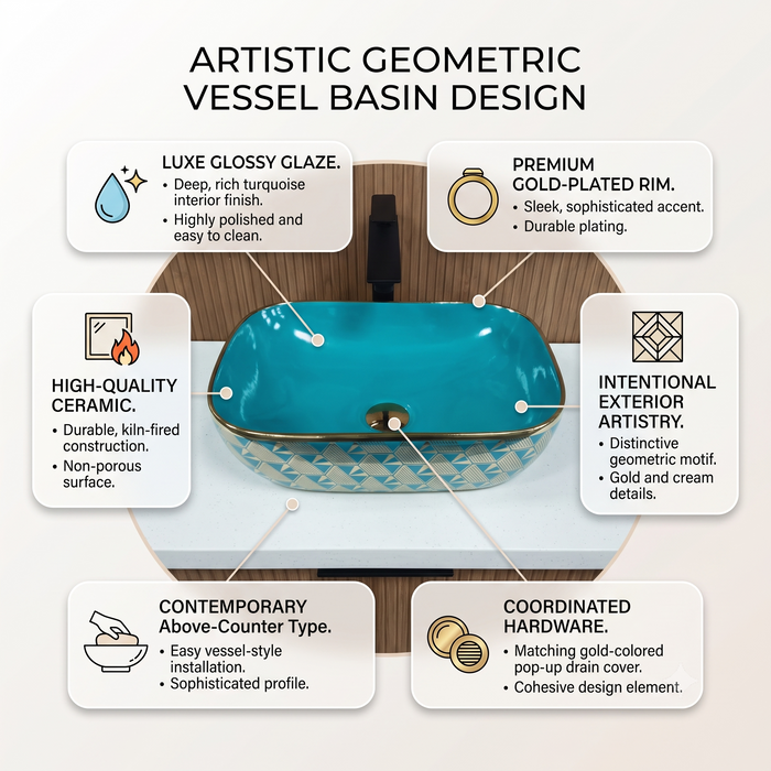 455x325x140 mm turquoise blue ceramic table top wash basin with glossy finish, gold geometric pattern and decorative rim for modern luxury bathrooms.
