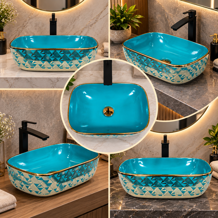 455x325x140 mm turquoise blue ceramic table top wash basin with glossy finish, gold geometric pattern and decorative rim for modern luxury bathrooms.