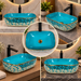 455x325x140 mm turquoise blue ceramic table top wash basin with glossy finish, gold geometric pattern and decorative rim for modern luxury bathrooms.