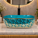 455x325x140 mm turquoise blue ceramic table top wash basin with glossy finish, gold geometric pattern and decorative rim for modern luxury bathrooms.