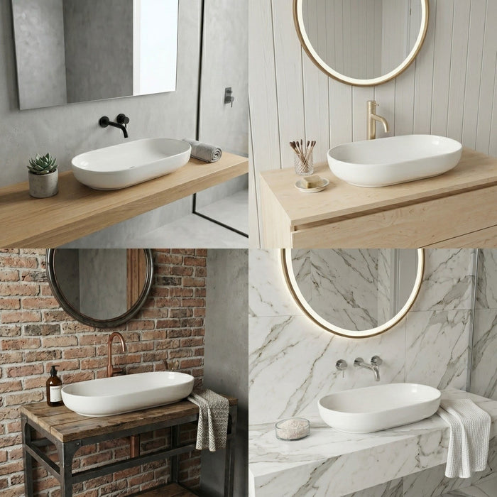 Bassino Matte White Oval Countertop Wash Basin – Modern Ceramic Vessel Sink (28" x 14" x 5")