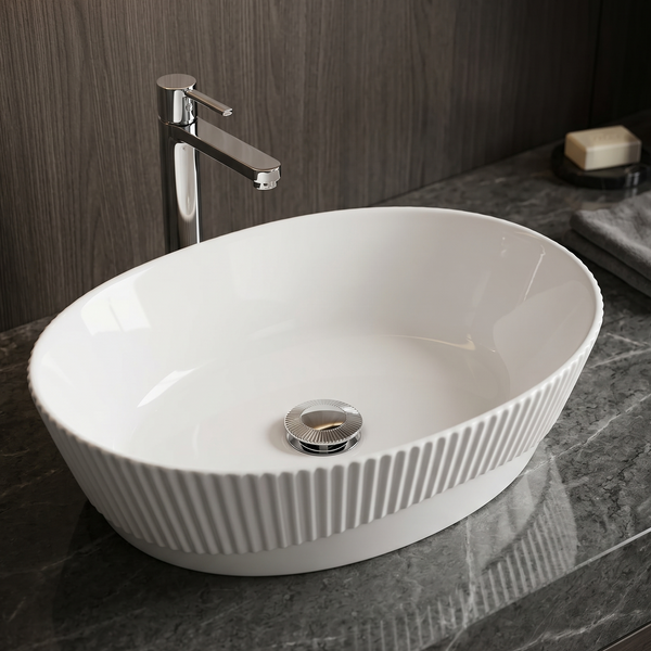 Bassino Textured Oval Countertop Wash Basin (19" x 13" x 6") – Premium Ceramic Sink with Ribbed Exterior Design