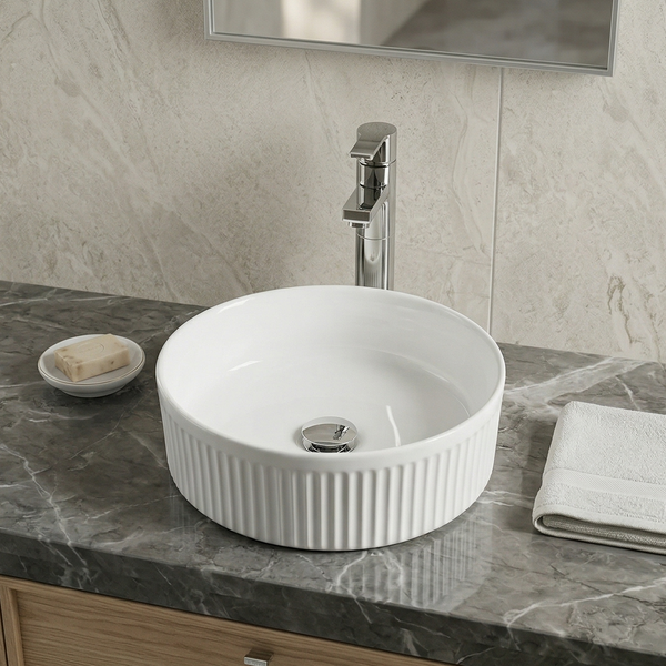 Bassino Round Textured Countertop Wash Basin (14" x 14" x 5") – Modern Ceramic Vanity Sink with Ribbed Exterior