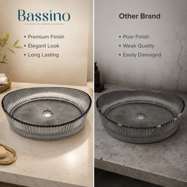 Bassino Modern Transparent Glass Wash Basin | Stylish Countertop Wash Basin for Bathroom–525x350x155 mm Black