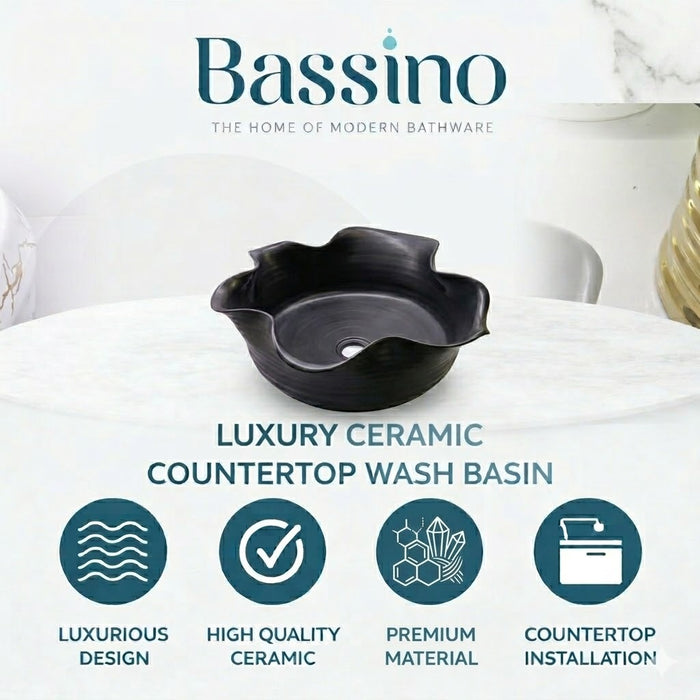 Designer Black Matte Flower Shape Ceramic Countertop Wash Basin | Modern Art Table Top Sink, 16 x 14 x 5 Inch