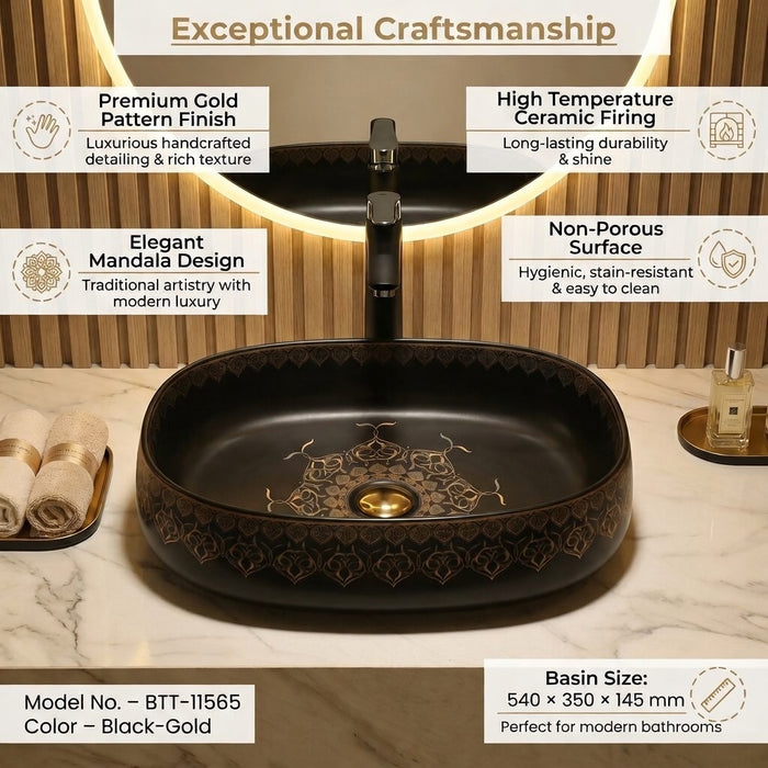Designer Ceramic Wash Basin Moroccan design | 21 x 14 x 6 In | Black