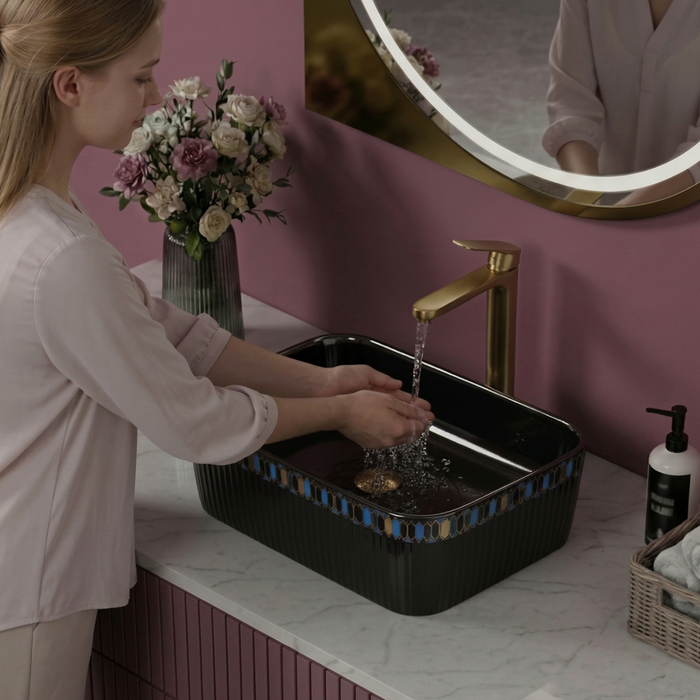 Bassino Luxury Designer Counter Top Wash Basin | Premium Rectangular Table Top Basin | Approx. 24 × 14 × 6 Inches Black