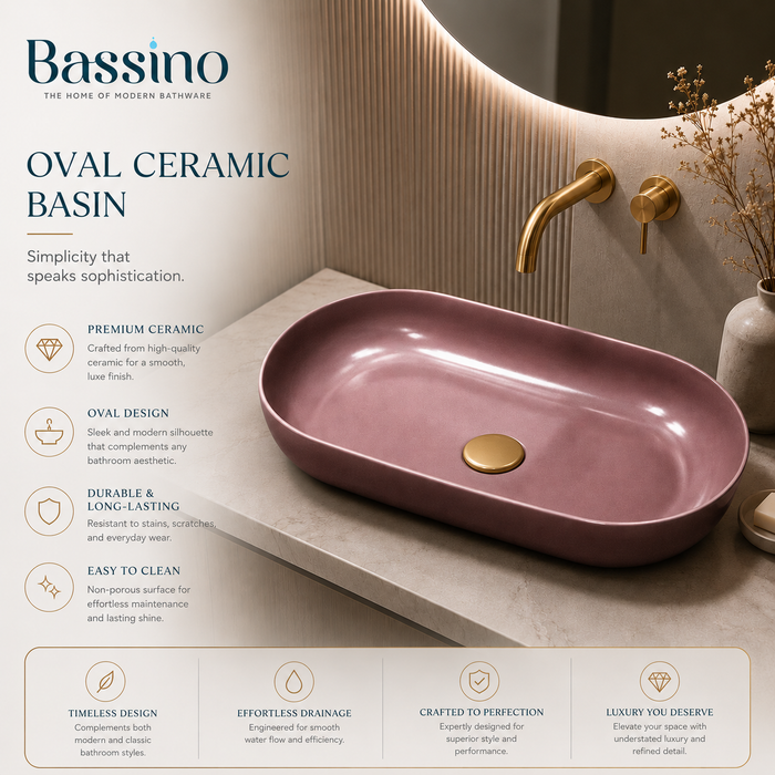 Bassino Oval Table Top Wash Basin | Premium Countertop Bathroom Sink | Matte Pink Basin 31 x 16 Inch