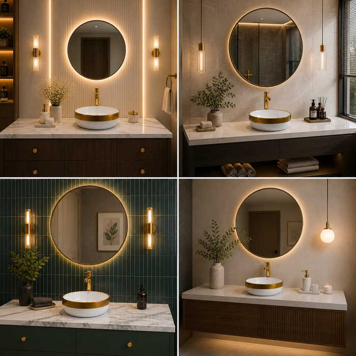Bassino 14 Inch Round Countertop Wash Basin Sink – 14.2" x 14.2" x 4.9" Modern Luxury Ceramic Vessel Basin with Gold Rim