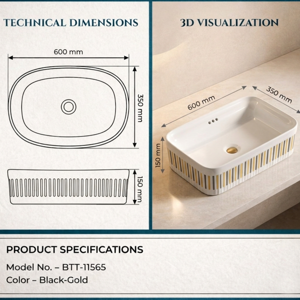 Bassino Luxury Designer Counter Top Wash Basin | Premium Rectangular Table Top Basin | Approx. 24 × 14 × 6 Inches White