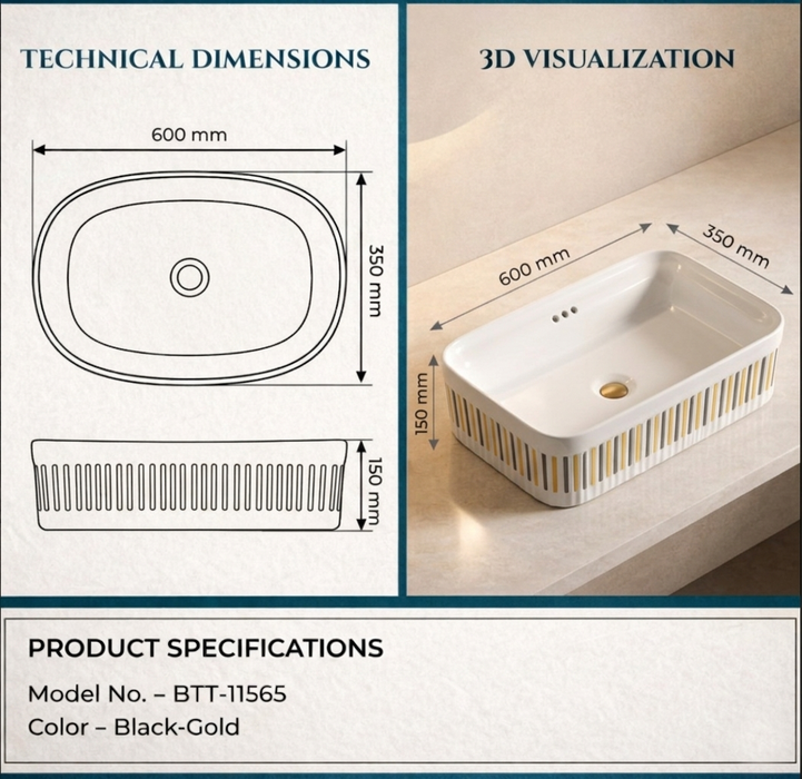Bassino Luxury Designer Counter Top Wash Basin | Premium Rectangular Table Top Basin | Approx. 24 × 14 × 6 Inches White