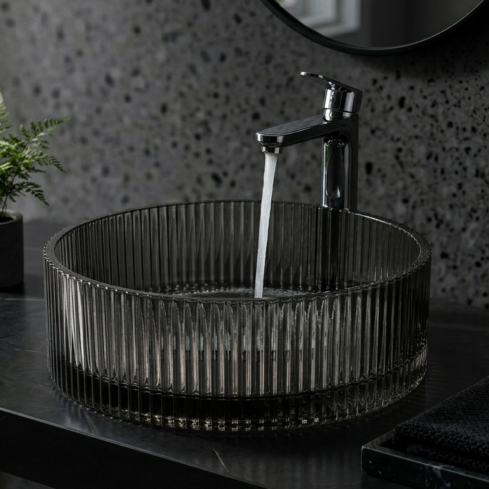 Bassino Modern Transparent Glass Wash Basin | Stylish Countertop Wash Basin for Bathroom–395x395x160 mm Black