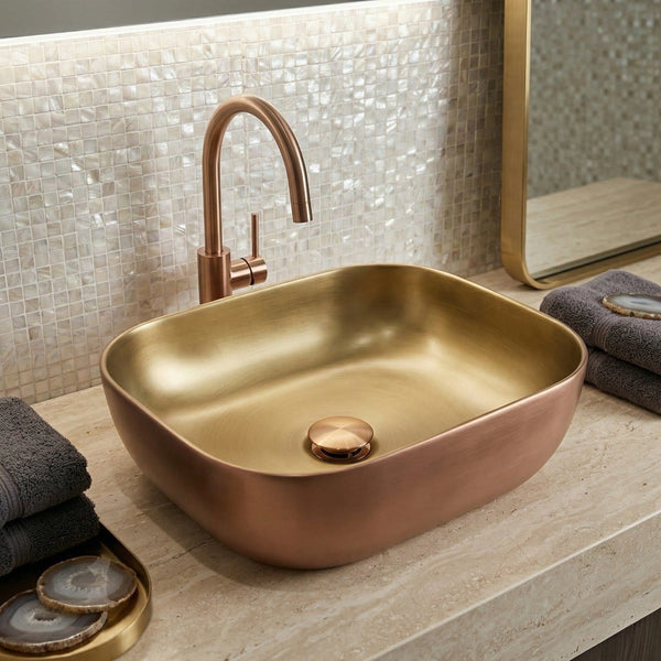 Luxury Counter Top Wash Basin | Matte Rectangle Table Top Basin | 18x13x5.8 Inch | Gold With Bronze