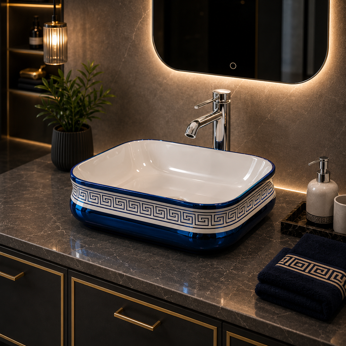Bassino Blue & White Greek Pattern Countertop Wash Basin – Premium Ceramic Vessel Sink (18.1" x 14.2" x 5.5")