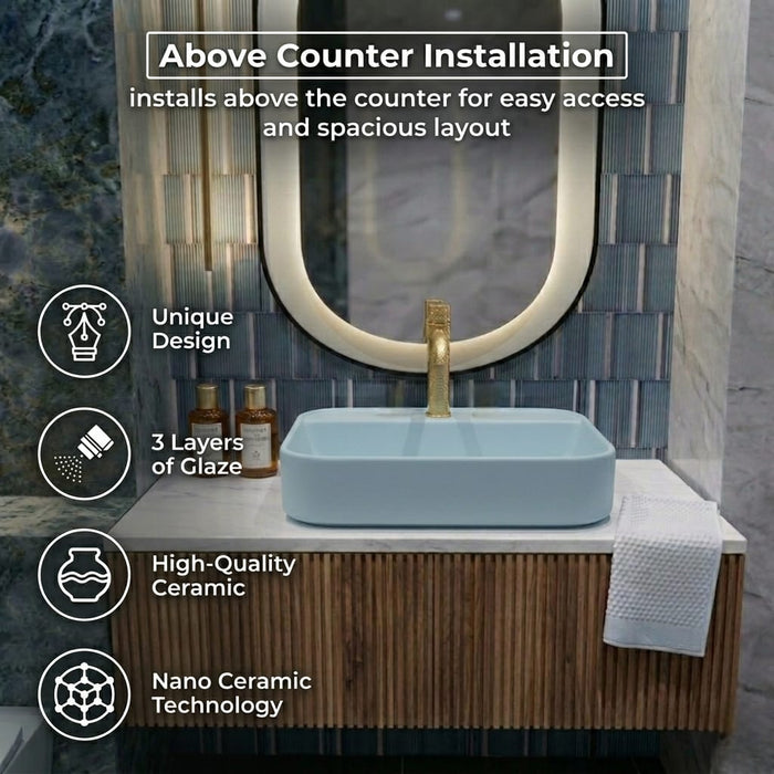 BASSINO Serene Sky Matte Blue Ceramic Vessel Sink with Tap hole (20 x 16 x 5 Inches)