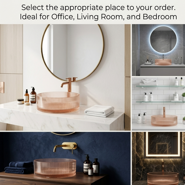 Bassino Modern Transparent Glass Wash Basin | Stylish Countertop Wash Basin for Bathroom–395x395x160 mm Rose gold