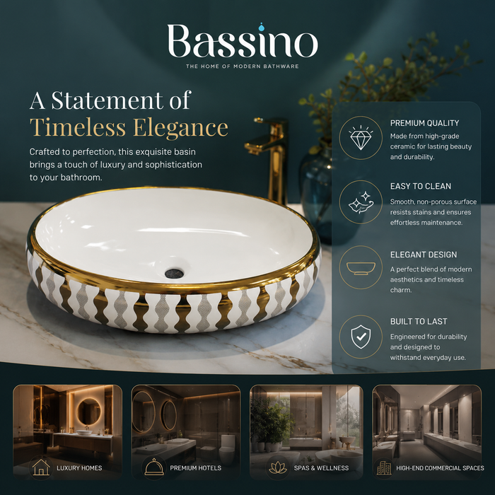 Bassino Oval Designer Countertop Wash Basin – Luxury White & Gold Ceramic Vessel Sink (23.6" x 15.7" x 5.9")