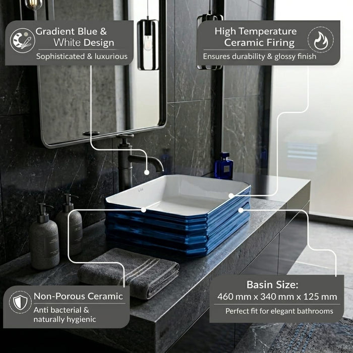 BASSINO Luxury Gradient Blue Tabletop Ceramic Wash Basin (18 x 13 x 5 Inches)