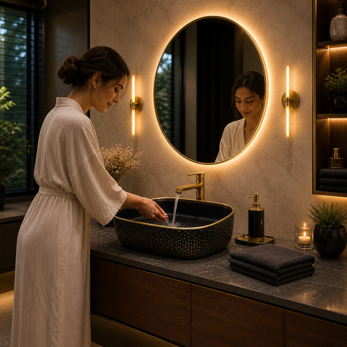 Bassino 20" x 15" Luxury Countertop Wash Basin – Premium Matte Black & Gold Rectangular Ceramic Vessel Sink (19.7" x 14.6" x 5.3")