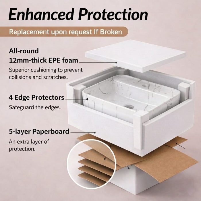 BASSINO Carrara Elegance Matte Marble-Finish Vessel Sink with Tap hole (20 x 16 x 5 Inches)