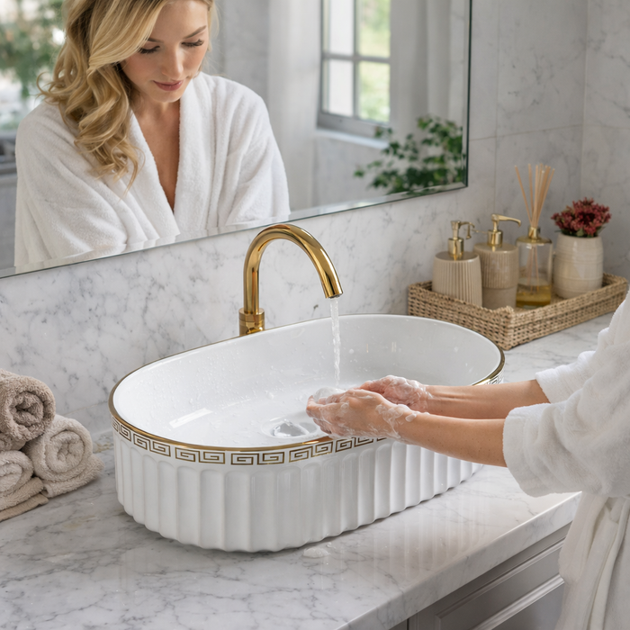 BASSINO Olympian Greco-Roman Fluted Vessel Sink (22 x 14 x 6 Inches)