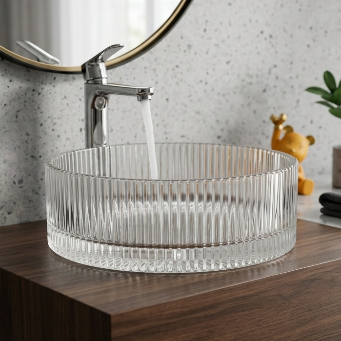 Bassino Modern Transparent Glass Wash Basin | Stylish Countertop Wash Basin for Bathroom–395x395x160 mm Clear