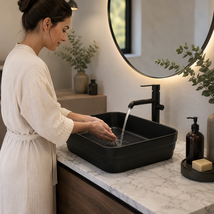 Rectangular Countertop Wash Basin | 20 × 14 × 5 Inches Designer Bathroom Sink – Matte Finish Black