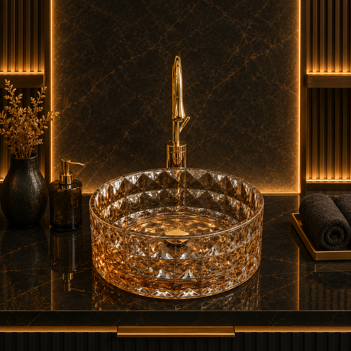 Bassino 12" Amber Faceted Glass Countertop Wash Basin – Luxury Round Vessel Sink (12" x 12" x 5")