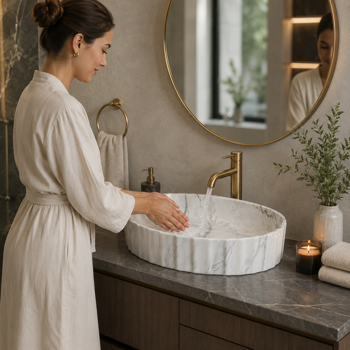 Matte Marble Finish Designer Oval Countertop Bathroom Sink Wash Basin (22" × 14" × 6" IN) White