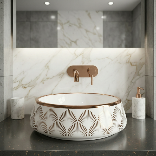 Luxury Round Ceramic Basin | Gloss Counter Top Wash Basin | 16x16x6 inch | White With Accents