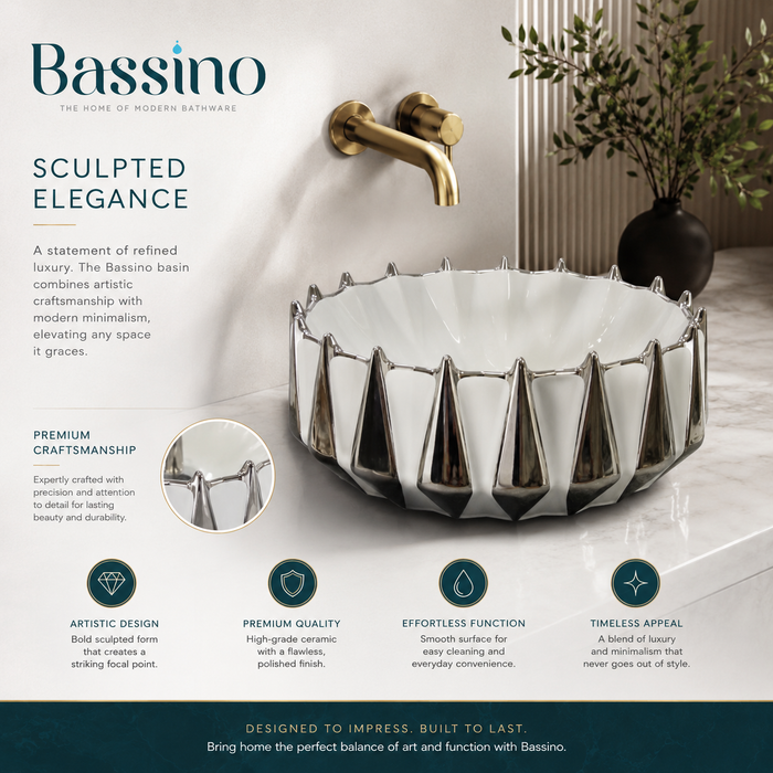 Bassino 17" Luxury White & Chrome Faceted Ceramic Countertop Wash Basin – Designer Round Vessel Sink (16.5" x 15" x 7")