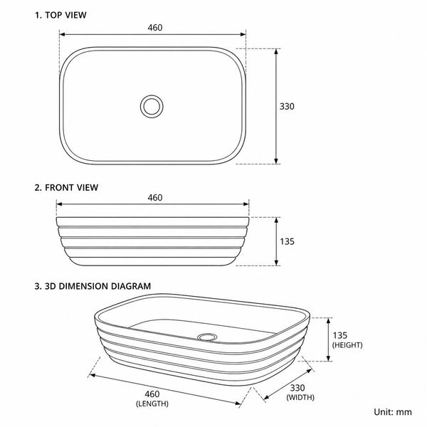 Bassino Textured Rectangular Countertop Wash Basin – Premium Matte Luxury Vessel Sink (18.1" x 13" x 5.3")