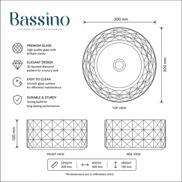 Bassino 12" Luxury Crystal Cut Glass Countertop Wash Basin – Premium Smoky Black Designer Vessel Sink (11.8" x 11.8" x 5.1")