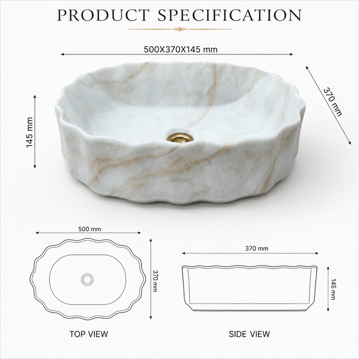 White Marble Design Ceramic Countertop Wash Basin – Luxury Unique Shape Table Top Basin (20" x 15" x 5.5")