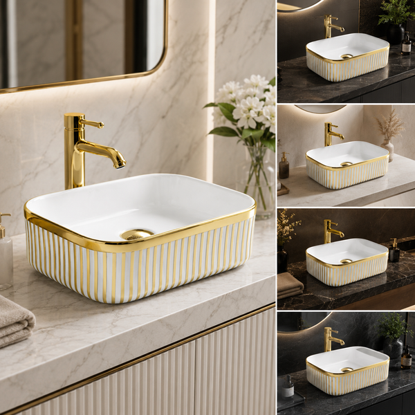 Designer Countertop Wash Basin | 16 × 12 × 6 Inch Luxury Bathroom Basin | Gold & Rose Gold Finish Variants Gold