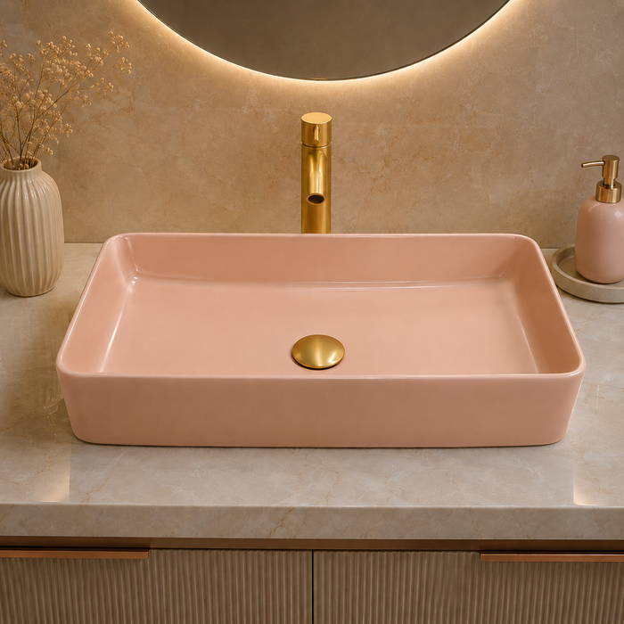 Bassino 24" Matte Pink Ceramic Countertop Wash Basin – Modern Rectangular Vessel Sink (24" x 14" x 5")