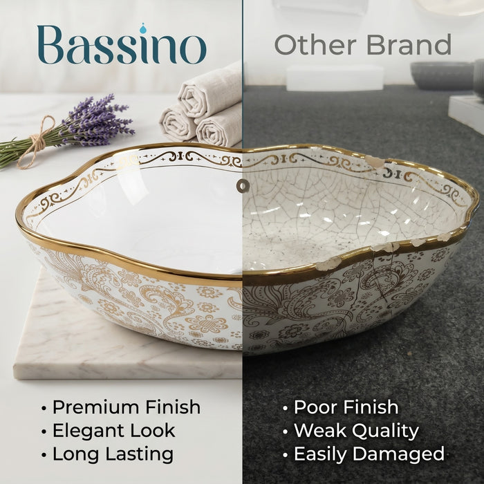 Bassino Luxury Floral Designer Countertop Wash Basin – Premium White & Gold Ceramic Vessel Sink (19.7" x 15" x 5.1")
