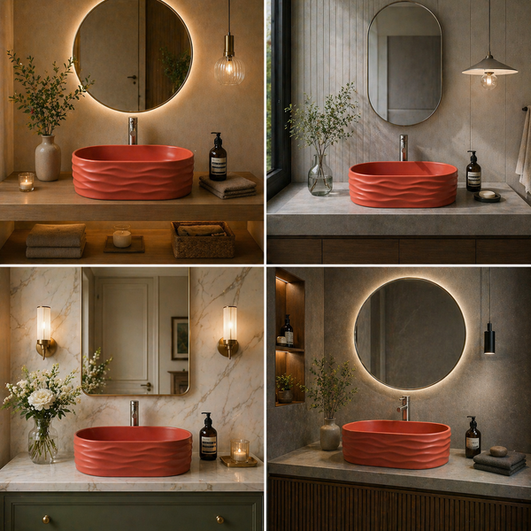 Bassino 20" Matte Red Wave-Textured Oval Ceramic Countertop Wash Basin – Designer Vessel Sink (20" x 12" x 6")