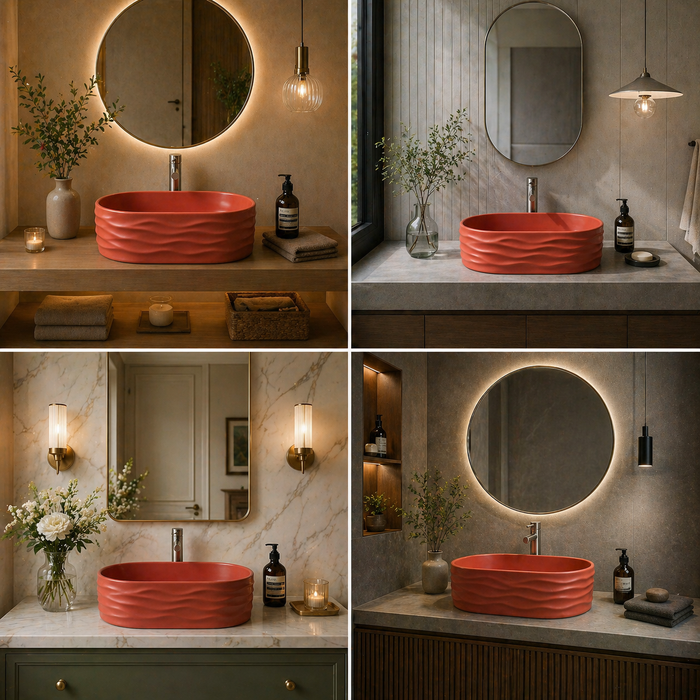 Bassino 20" Matte Red Wave-Textured Oval Ceramic Countertop Wash Basin – Designer Vessel Sink (20" x 12" x 6")