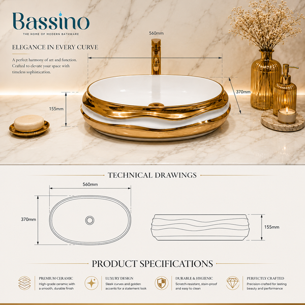Luxury Oval Table Top Wash Basin | Glossy White Basin with Rose Gold Accents (22.05″×14.60″×6.10″ IN)