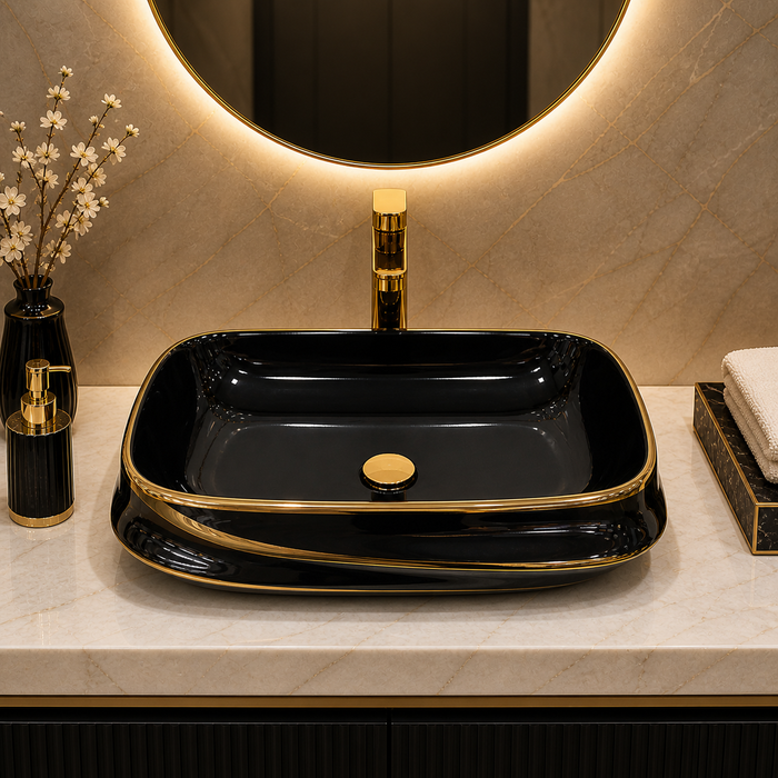 Bassino 25" x 18" Luxury Countertop Wash Basin – Premium Black & Gold Rectangular Ceramic Vessel Sink (24.6" x 17.7" x 5.9")
