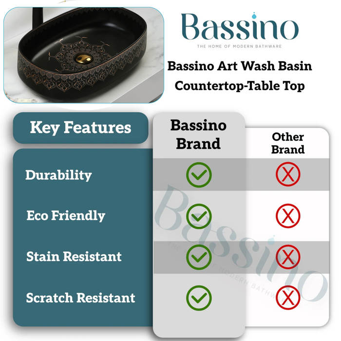 Designer Ceramic Wash Basin (Black Gold Moroccan design - 21 x 14 x 6 In - AB614)