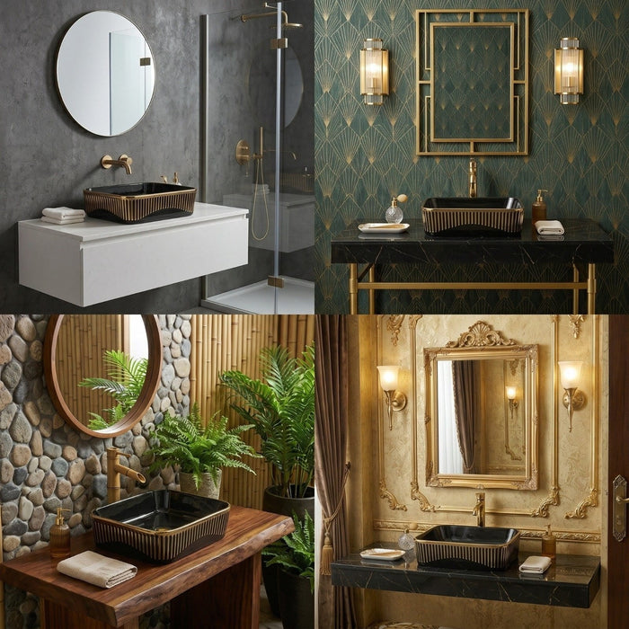 Bassino Black & Gold Ceramic Countertop Wash Basin – Luxury Rectangular Vessel Sink (20" x 13" x 6")