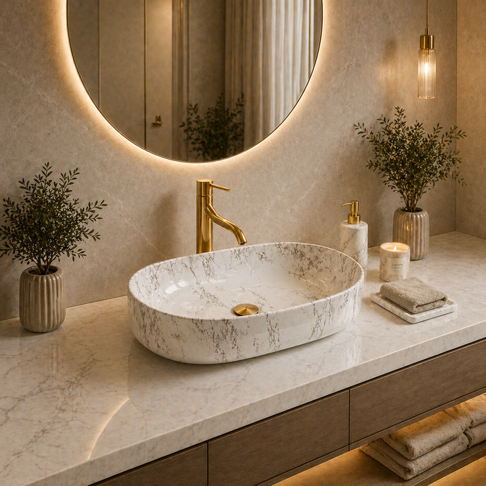 Bassino Marble Finish Ceramic Countertop Wash Basin – Luxury Oval Vessel Sink (22" x 14" x 6")
