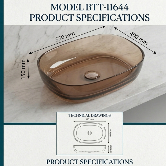 Bassino Modern Transparent Resin Wash Basin | Stylish Countertop Wash Basin for Bathroom–550x400x150 mm BROWN